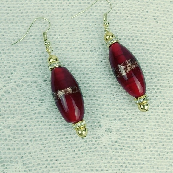Earrings Dangle  Large Lampwork Beads Red Gold - Picture 4 of 4